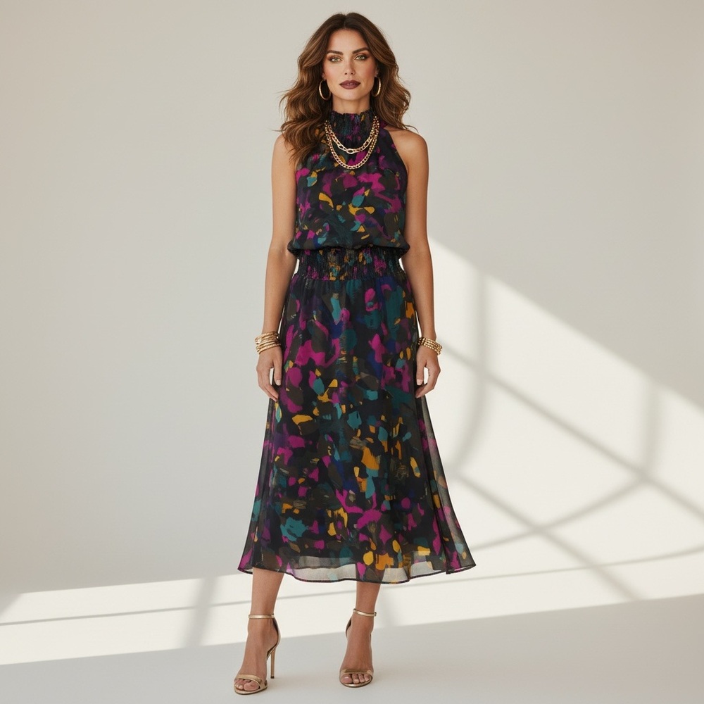 Sleeveless mock neck Multicolor chiffon Smocked waist midi dress